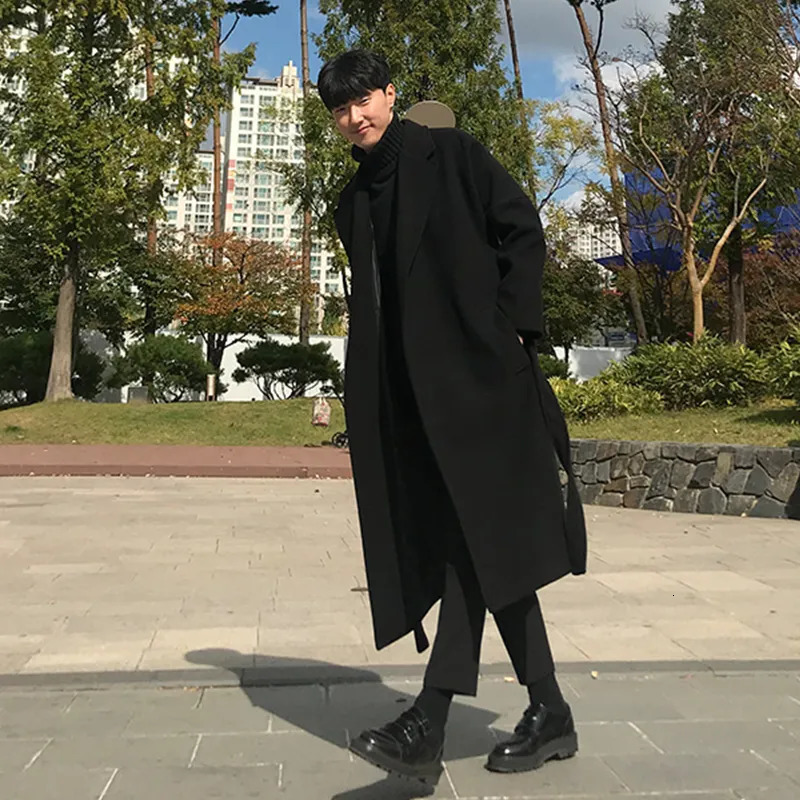Men's Wool Blends Men Black Wool Blends Coats Vintage Japan Style Loose Sashes Casual Harajuku Outwear Over Knees All-match Thickening Warm Korea
