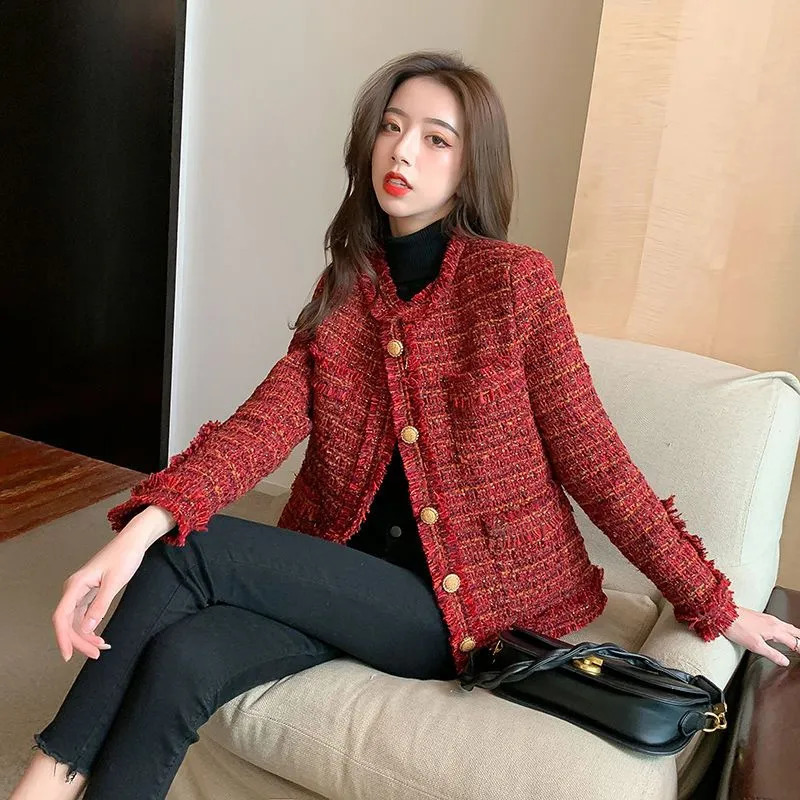 Women's Jackets Autumn Winter Women Short Temperamental Tweed Coat Female Slim Casual All-Match Loose Korean Style Crew Neck Outwear 231006