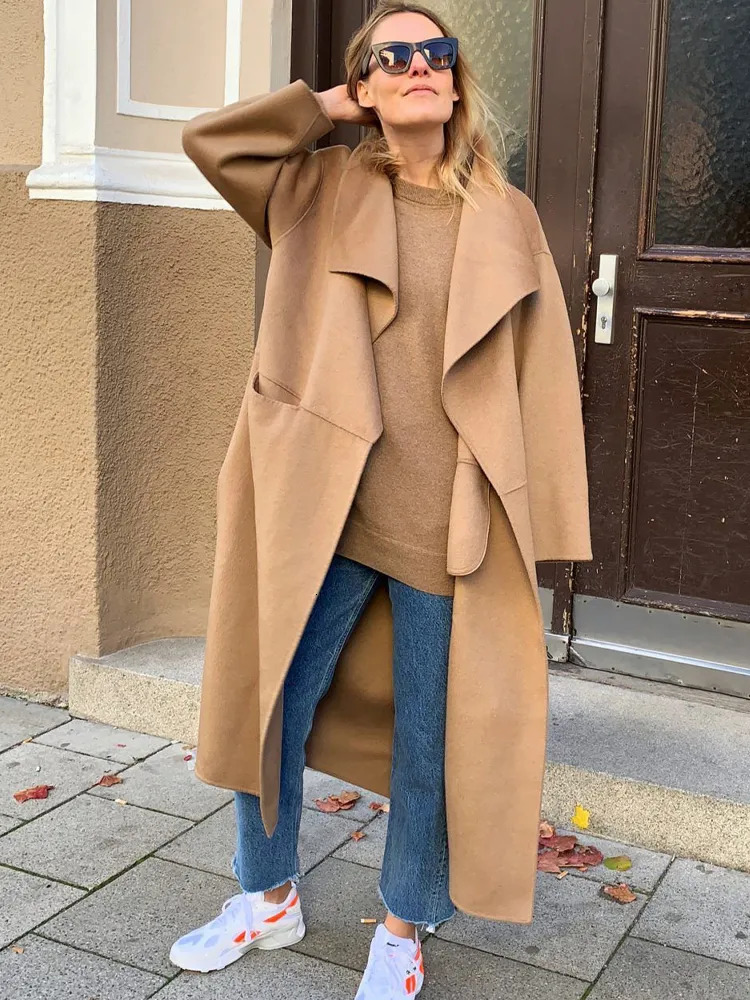 Women's Wool Blends Faux Woolen Coat Women Autumn Winter Long Overcoat Female Elegant Fashion Lapel Maxi Jacket Ladies Vintage Loose Pocket Coats