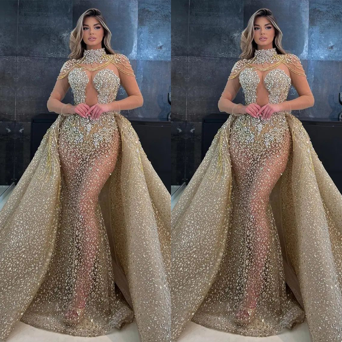 High Neck Elegant Mermaid Wedding Dress Sparking Sequined Saudi Arabic Sleeveless See Through Bridal Gown Custom Made