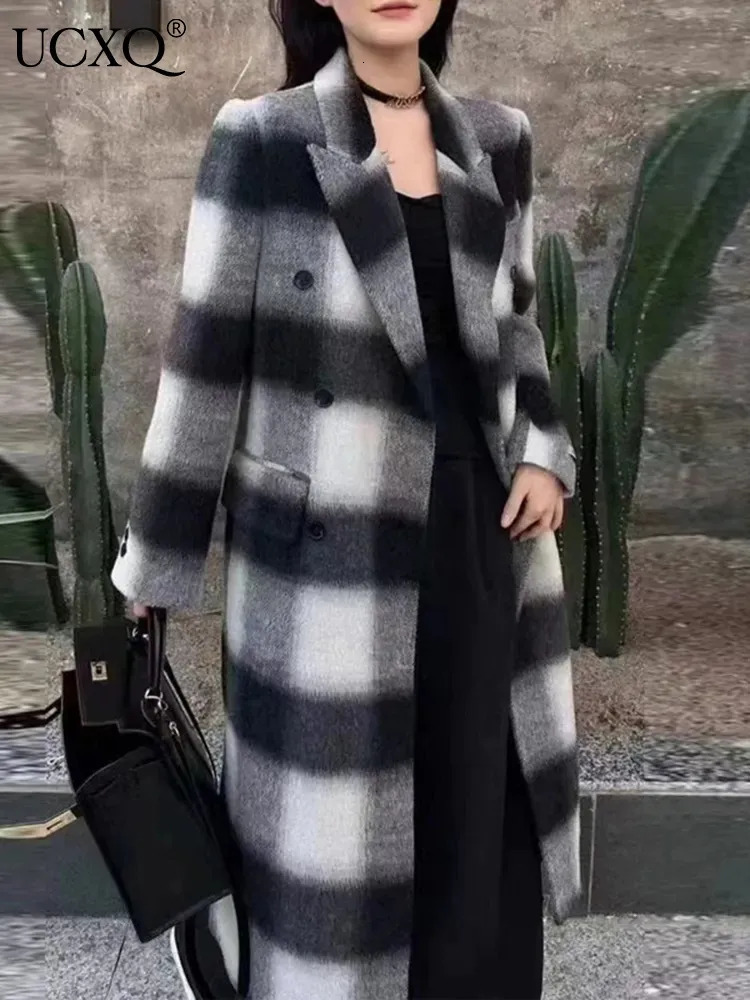 Women's Wool Blends UCXQ vintage contrast color black white plaid notched double breasted woolen coats casual loose long sleeve jacket autumn 231
