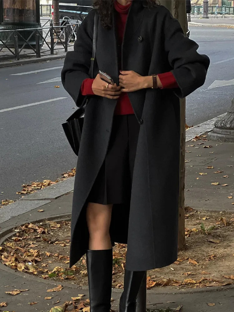 Women's Wool Blends Autumn Winter Long Woolen Jacket for Women Korean Style Solid Color Long Sleeve Overcoat Casual Lace-up Woolen Coat Vintage 2