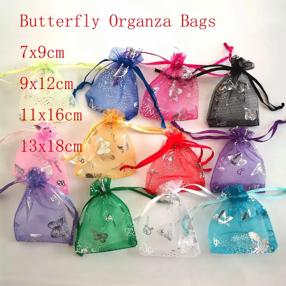 Jewelry Boxes 100pcsLot Butterfly Organza Jewelry Bags Drawstring Pouch Gift Bags Candy Packaging Bags Christmas Jewelry Display Bags 231006