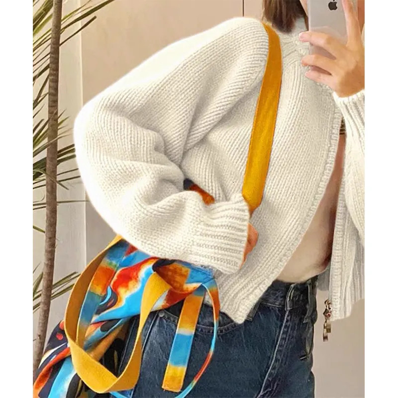 Women's Knits Tees MEXZT Solid Knitted Cardigan Women Sweet Zipper Cropped Sweaters Korean Vintage Casual Knitwear Coat Loose Short Jumpers Jacke