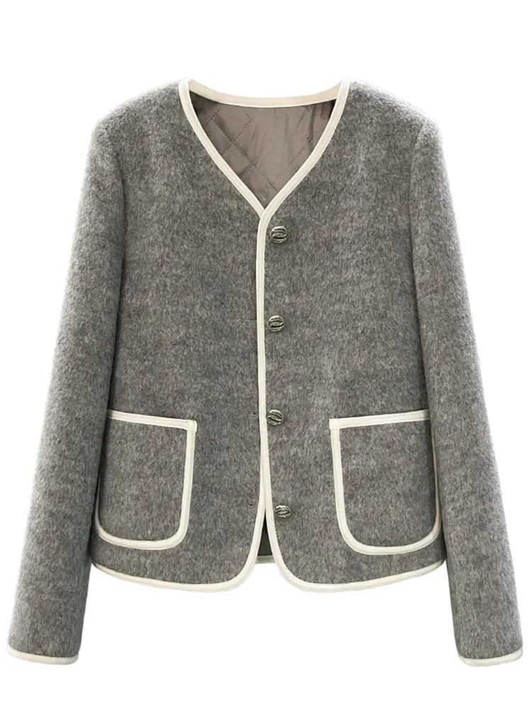 Women's Jackets LANMREM Grey Woolen Short Jacket For Women Autumn And Winter Korean Style Cotton Lining Chic Streetwear Top 2DA2028 231006
