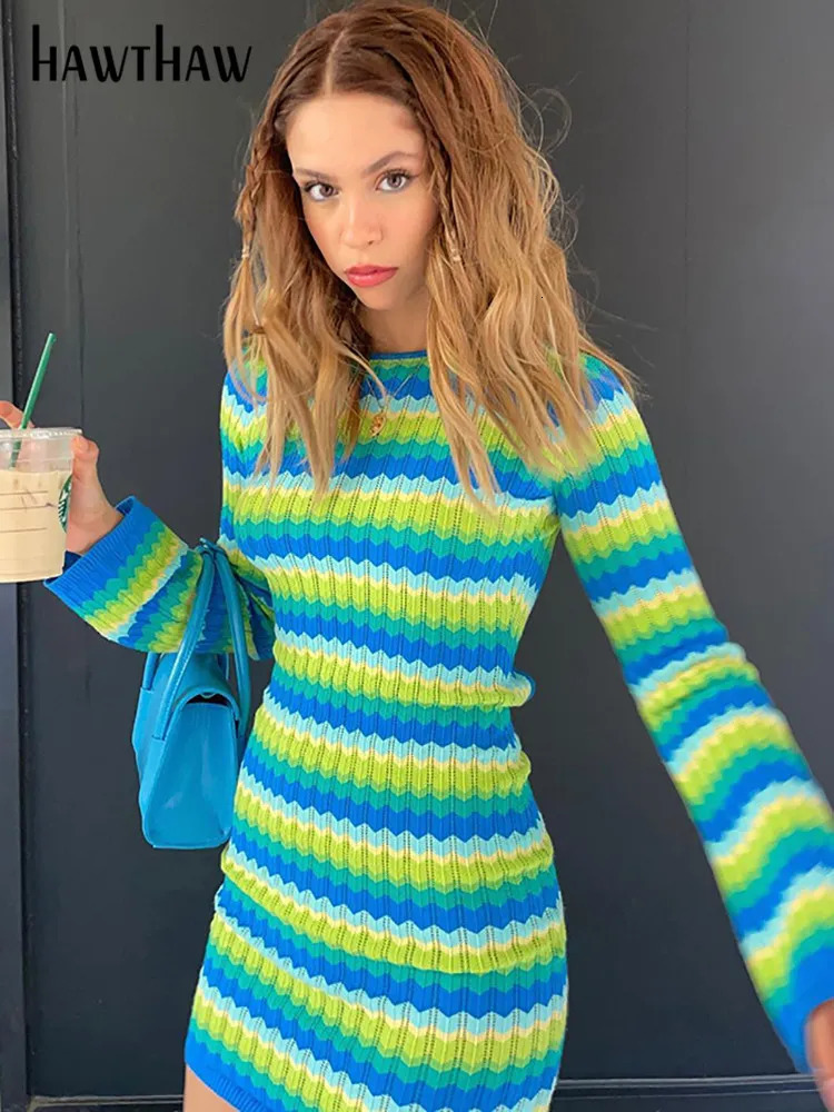Basic Casual Dresses Hawthaw Women Long Sleeve Striped Beach Vacation Bodycon Mini Dress Streetwear Summer Clothes Wholesale Items For Business 231005