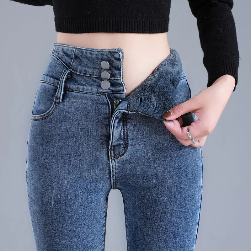 Womens Jeans Women Thermal High Waist Winter Snow Warm Plush Stretch Lady Skinny Thicken Students Denim Pants Fleece Fur Trousers 231005