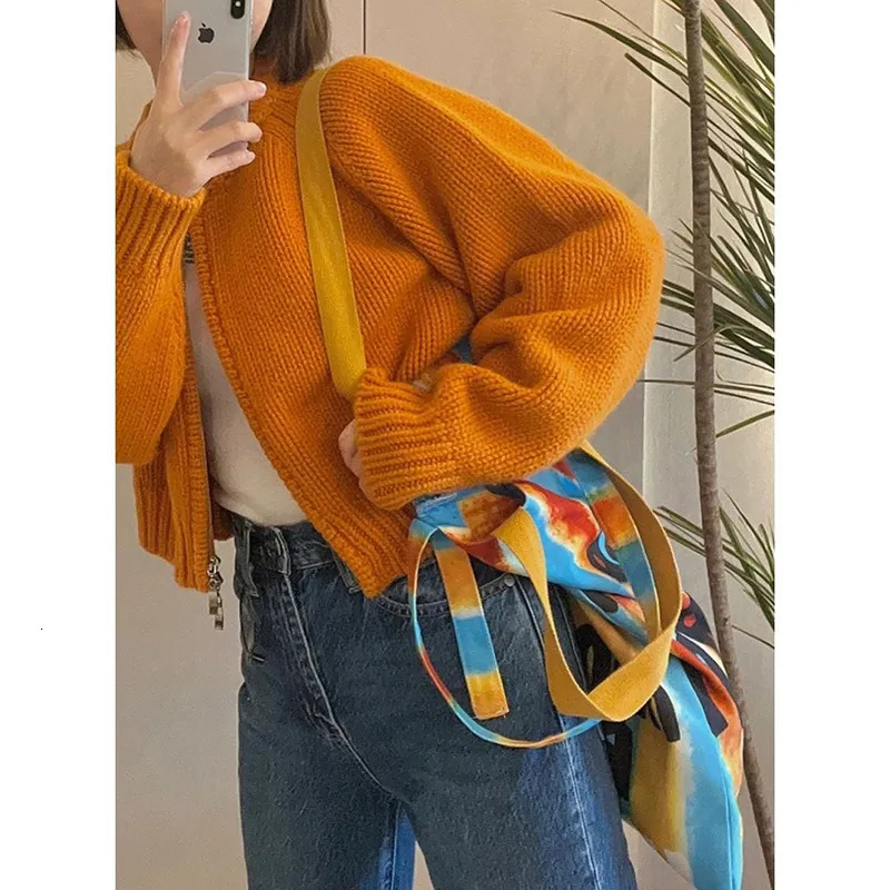 Women's Knits Tees MEXZT Solid Knitted Cardigan Women Sweet Zipper Cropped Sweaters Korean Vintage Casual Knitwear Coat Loose Short Jumpers Jacke