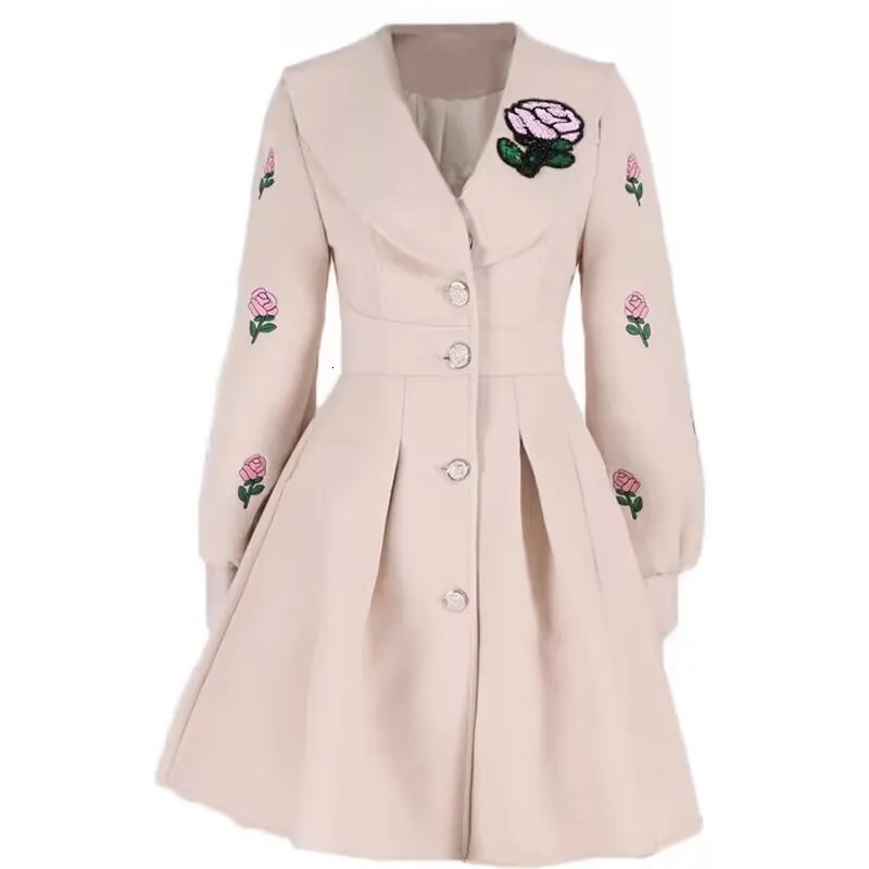 Women's Wool Blends Beige Embroidered Long Sleeved Woolen Jacket Women's Coat Slim Fit Medium Length Jacket Winter Thickened Style 231006