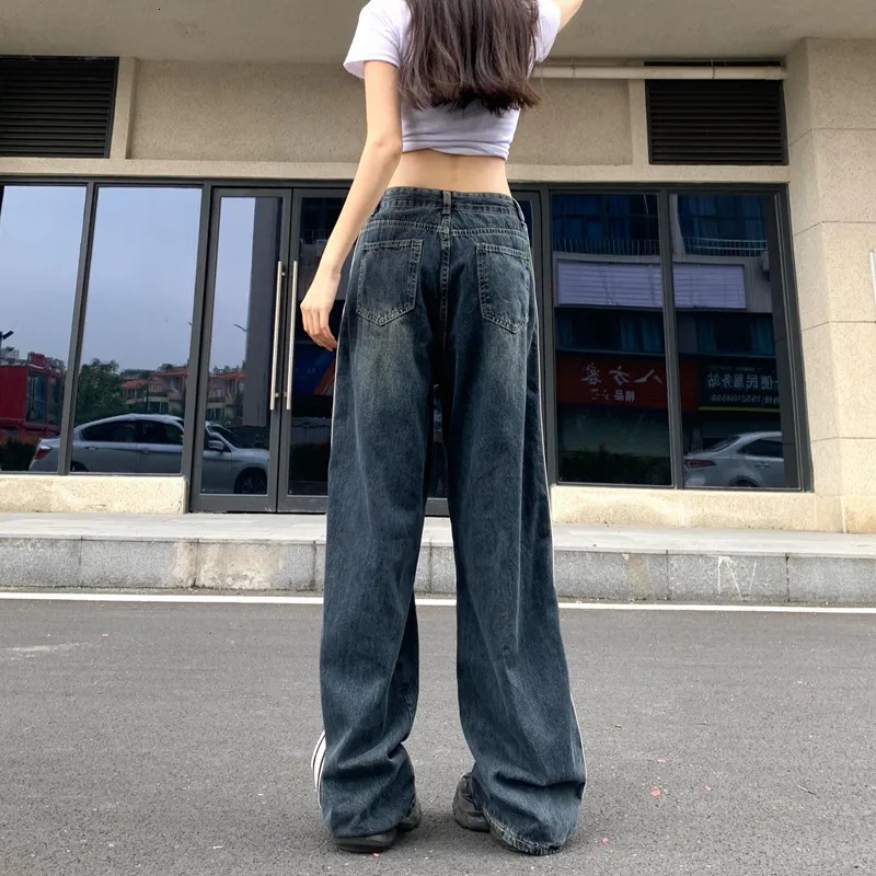 Womens Jeans Vintage Striped Patchwork Wide Leg for Women AmericanStyle Straight Pants Long Denim Trousers 231005