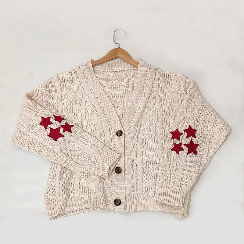 Women's Knits Tees Fashion Warm Swif T Beige Holiday Cardigan Women Cardigan Autumn Tay Women Star Embroidered Cardigan Lor V-neck Knitted Sweate