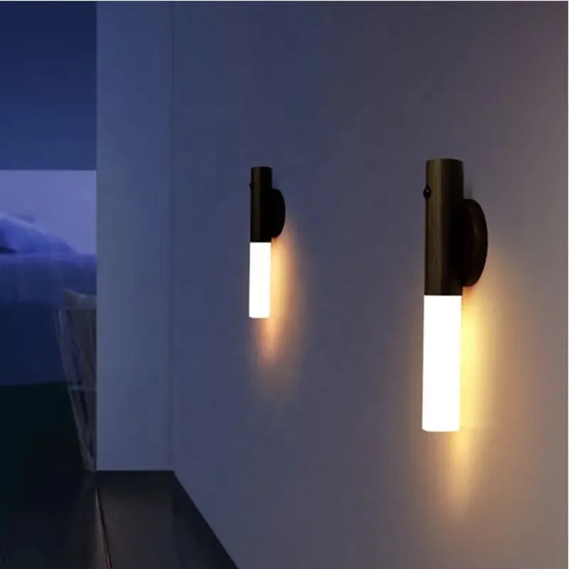 Wooden LED Night Light Magnetic Portable USB Rechargeable Bedroom Beside Lamp Motion Sensor Smart Staircase Light 12 LL