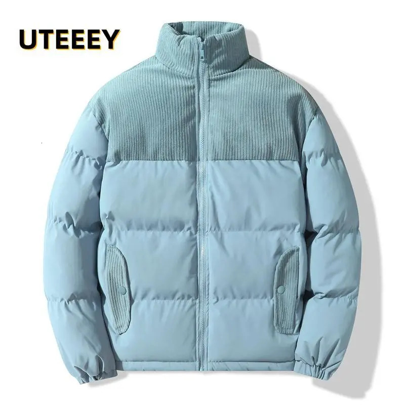 Men's Down Parkas 2023 Winter Jackets For Men Corduroy Patchwork Cotton Padding Outdoor Casual Stand Collar Loose Male Overcoat Coats 231005