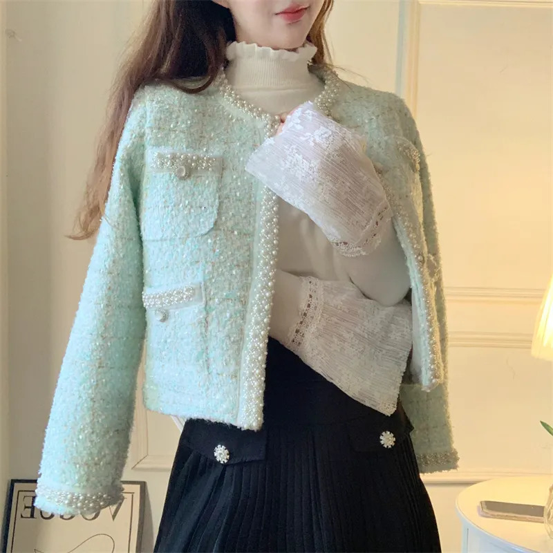 Women's Jackets High Quality Retro Small Fragrant Wind Beaded Tweed Short Jacket Coat Female Fashion O-Neck Long Sleeve Office Ladies Outerwear 2