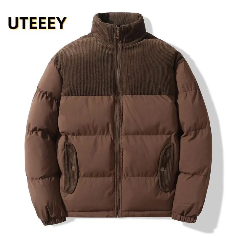 Men's Down Parkas 2023 Winter Jackets For Men Corduroy Patchwork Cotton Padding Outdoor Casual Stand Collar Loose Male Overcoat Coats 231005