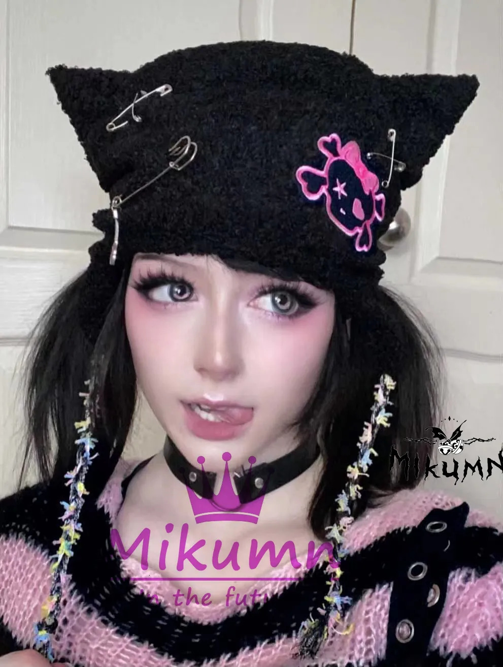 BeanieSkull Caps Mikumn Japanese Harajuku Kawaii Black White Skull Cat Ears Hats For Women Girl Winter Warm Lambswool Cute Beanie Caps 231006