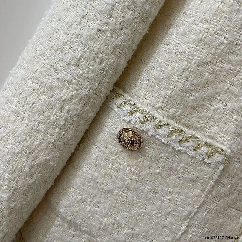 Women's Jackets Elegant Spring Autumn Round Neck Woolen Coats Women Korean Fashion Office Lady Coats Beige Chic Button Short Tweed Jacket 231006