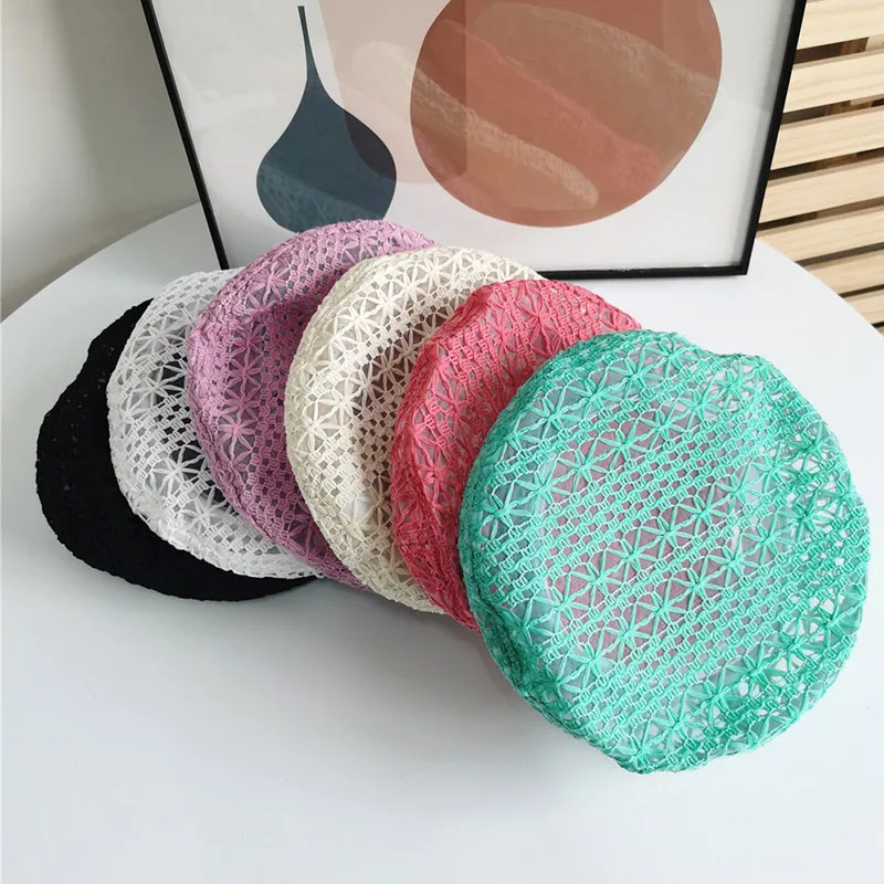 Berets Multi Colored Summer Crochet Beret for Women Slouchy Breathable Lace Beret Hat Cutout Floral Beanie Cap Head Covering Cotton Hat 231006