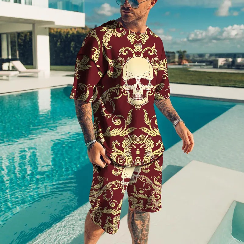Men's Tracksuits Summer Tshirt Shorts 2 Pieces Set Tracksuit Men's Oversized Clothes Vintage Streetwear Skull 3D Printed Men Sets Short Outf