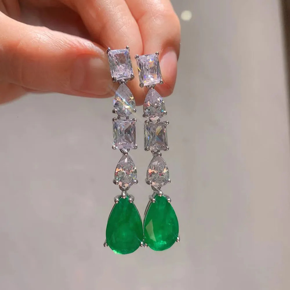 Ear Cuff Trend Vintage Paraiba Tourmaline Emerald Lab Diamonds Drop Long Earrings for Women Elegant Gemstone Party Fine Jewelry Gift 231005