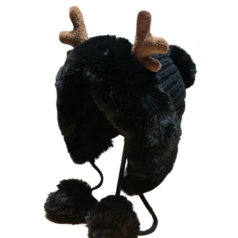 BeanieSkull Caps Winter Beanie Hat for Women Warm Lined Pompoms Antler Earflap Hat Cute Skull Cap Outdoor Ice Skating Biking XMAS Gift 231006