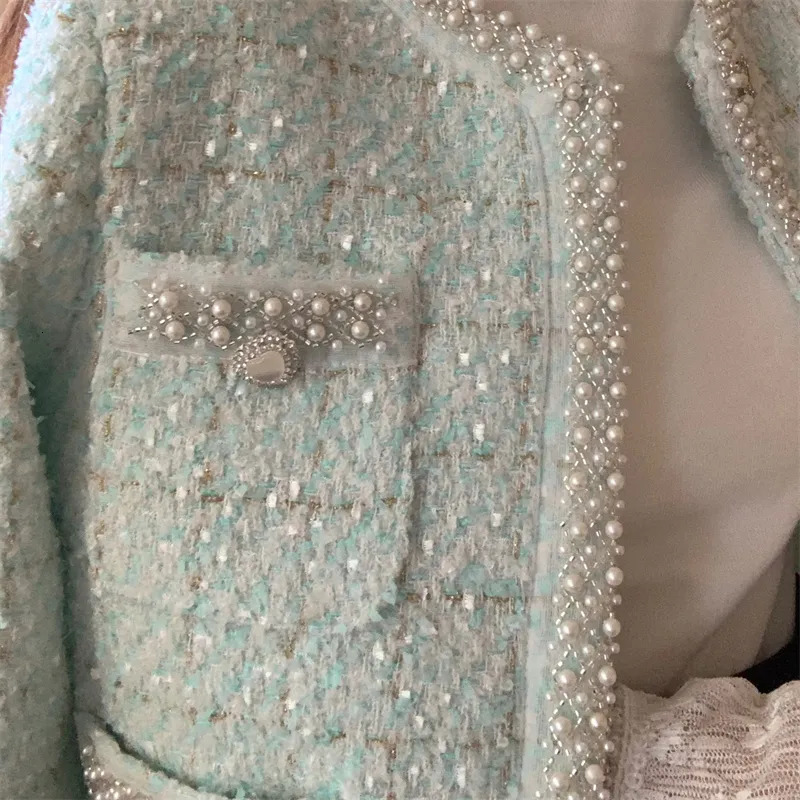 Women's Jackets High Quality Retro Small Fragrant Wind Beaded Tweed Short Jacket Coat Female Fashion O-Neck Long Sleeve Office Ladies Outerwear 2