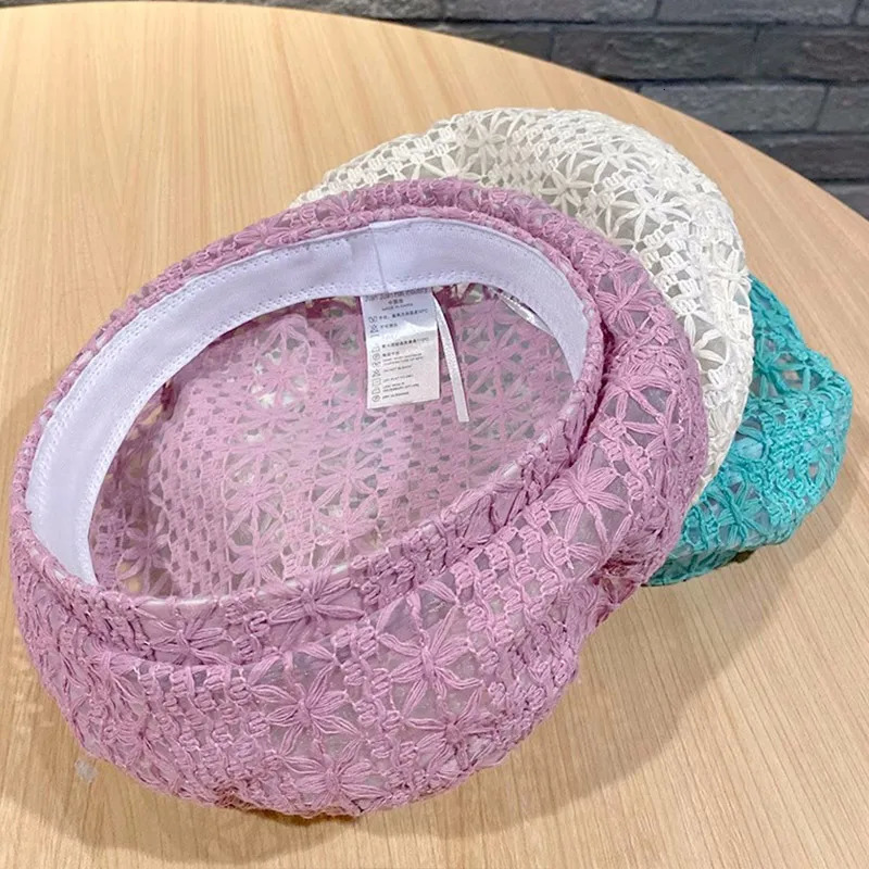 Berets Multi Colored Summer Crochet Beret for Women Slouchy Breathable Lace Beret Hat Cutout Floral Beanie Cap Head Covering Cotton Hat 231006