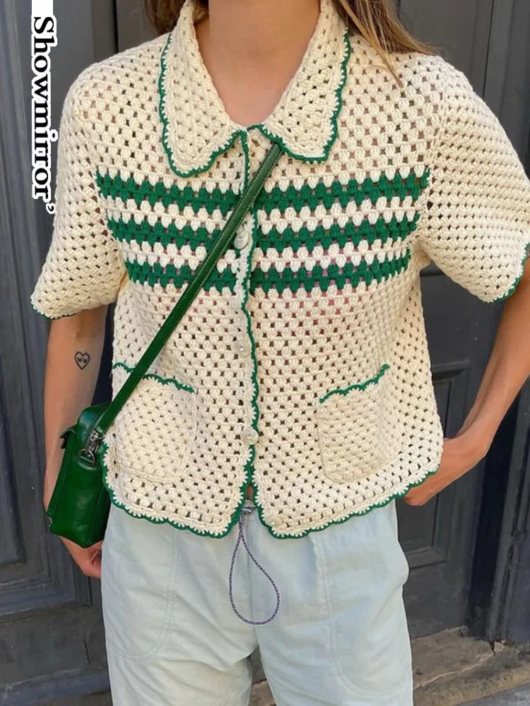 Women's Knits Tees Showmirror Retro Green Stripe Knitted Cardigan Tops Women Button Up Short Sleeve Crochet Blouse Shirts Preppy Style Sweaters Y