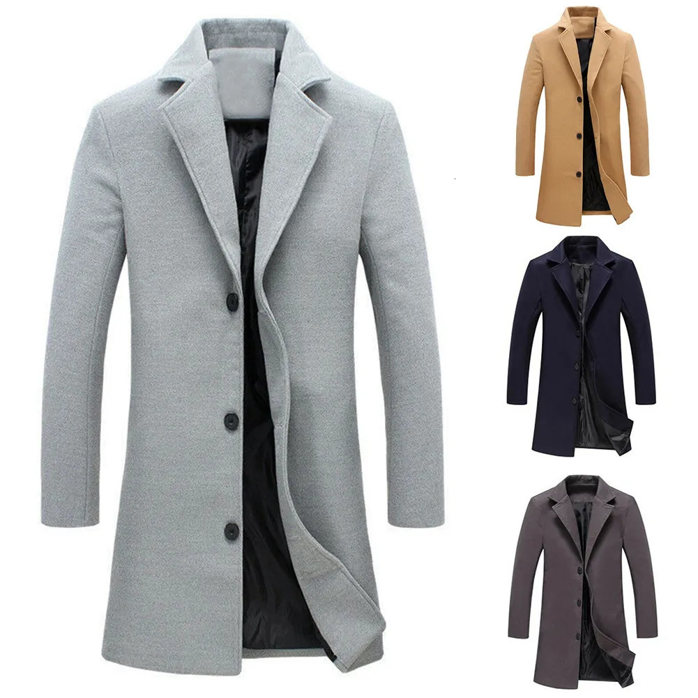 Men's Wool Blends Autumn Winter Fashion Men's Woolen Coats Solid Color Single Breasted Lapel Long Coat Jacket Casual Overcoat Plus Size 5 Co