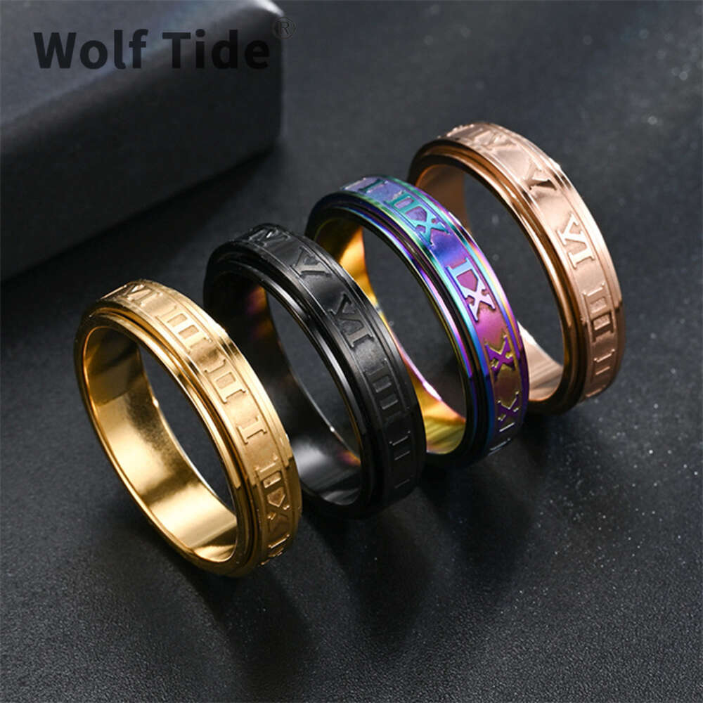 Hip Hop Punk Rotable Ring Men's Stainless Steel Roman Digital Rings Engraved Versatile Couple Ring Black Gold Mens Wholesale Engagement Gothic Je