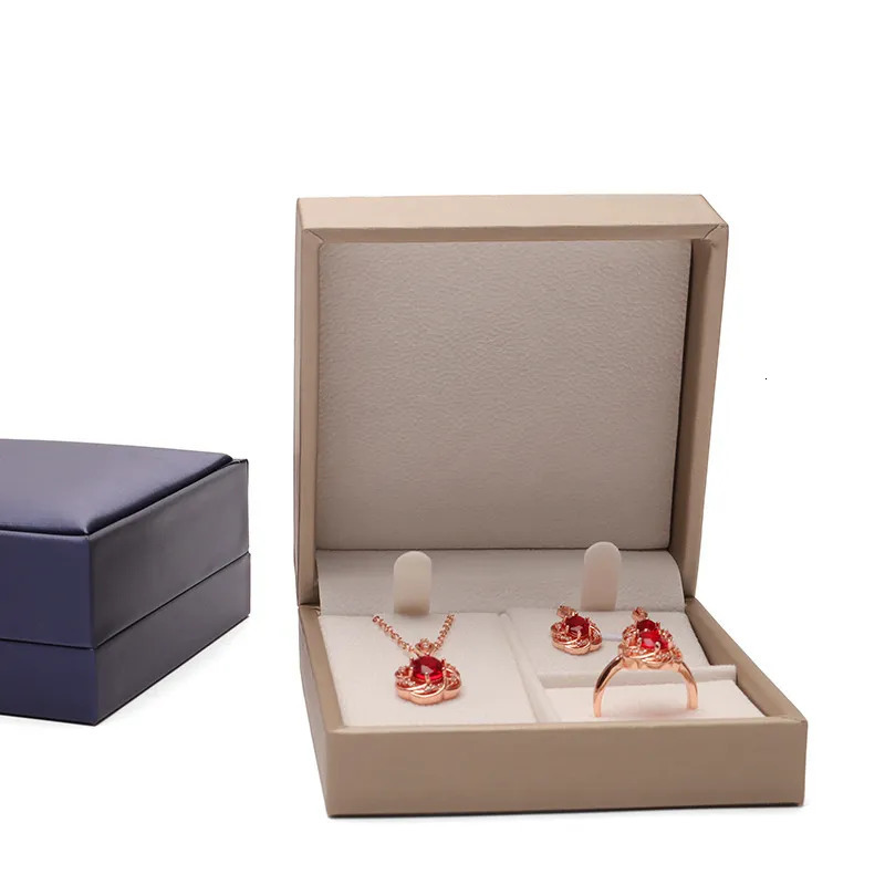 Jewelry Boxes Pu Jewelry Organizer Box Necklace Rings Storage Case Earring Stud Pendant Gift Packing Box Blue Gold Color Wedding Cases 231006