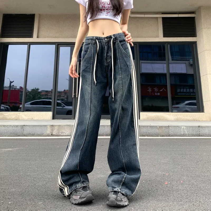 Womens Jeans Vintage Striped Patchwork Wide Leg for Women AmericanStyle Straight Pants Long Denim Trousers 231005