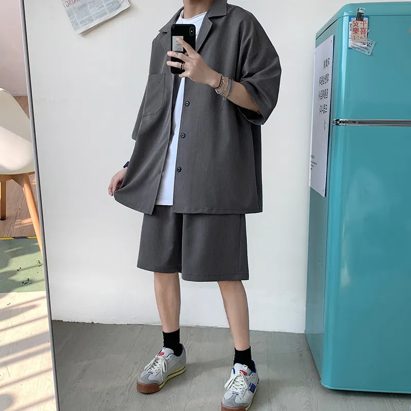 Men's Tracksuits Korean Style Men's Set Suit Jacket and Shorts Solid Thin Short Sleeve Top Matching Bottoms Summer Fashion Oversized Short S