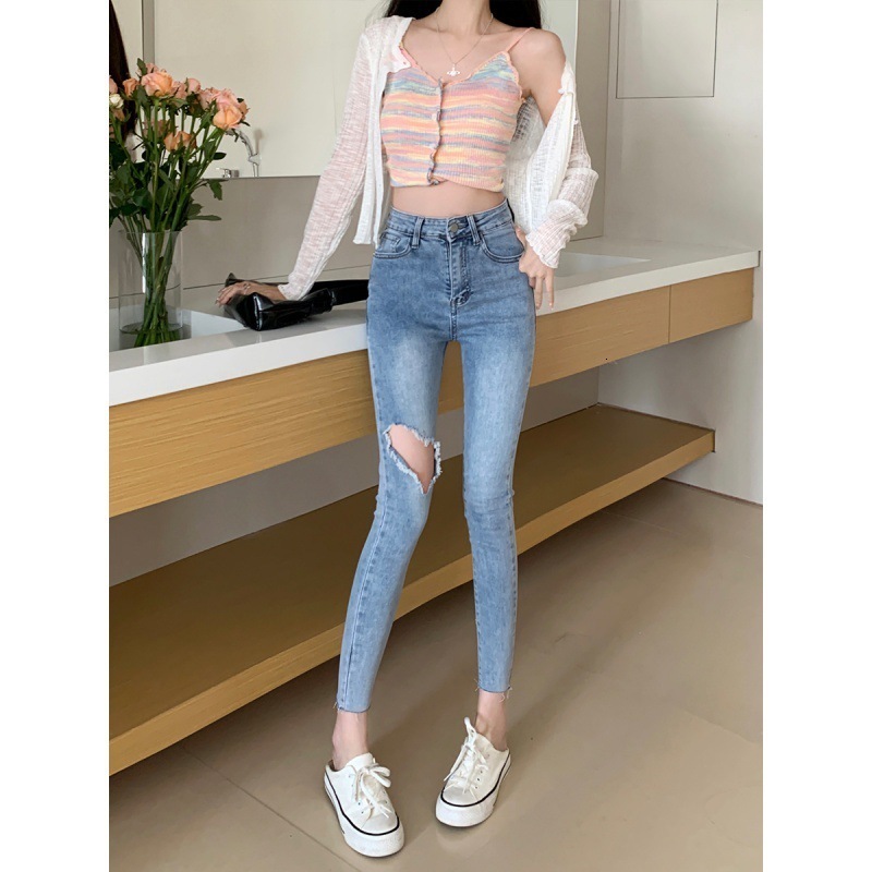 Women's Pants Capris 2023 Summer and Autumn High Waist Hyunya Rotten Hole Jeans for Women's Tight and Slim Cropped Leggings Trend 231006