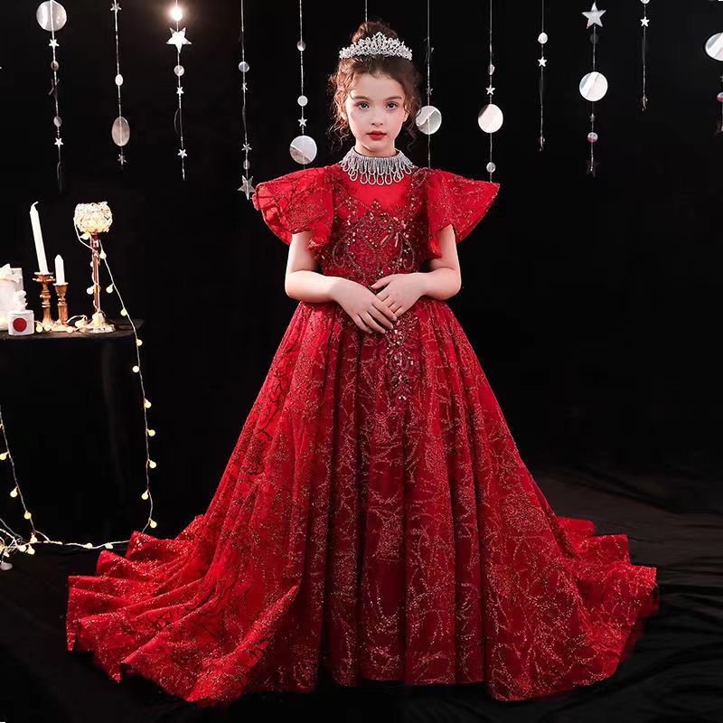 Gold Wer Girls Dress Appliques Crystals Feather Toddler Children Pageant Dresses Ball Gown Little Long Formal Kids Birthday Party Gowns 403 6660311
