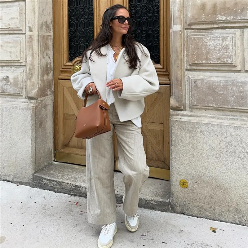 Women's Jackets TRAF White Cropped Jacket For Women Long Sleeve Cardigan Tweed Jacket Woman Fashion Autumn In Coats Y2K Open Short Coats 231006