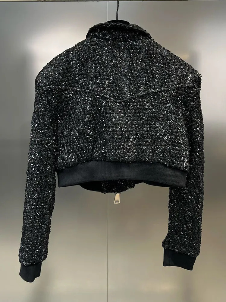 Women's Jackets VGH Solid Patchwork Sequins Loose Coat For Women Lapel Long Sleeve Spliced Zipper Minimalist Tweed Coats Female Fashion Clothes 2