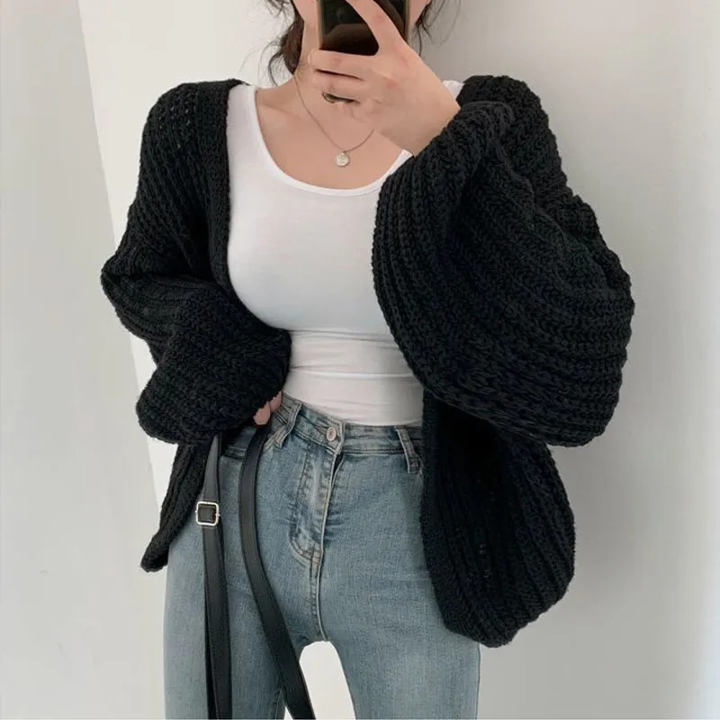 Women's Knits Tees Women Cardigan Knitted Sweater Women Casual Korean Vintage Harajuku Lantern Sleeve Autumn Tops Coat Lazy Wind Y2k Sweater 2332