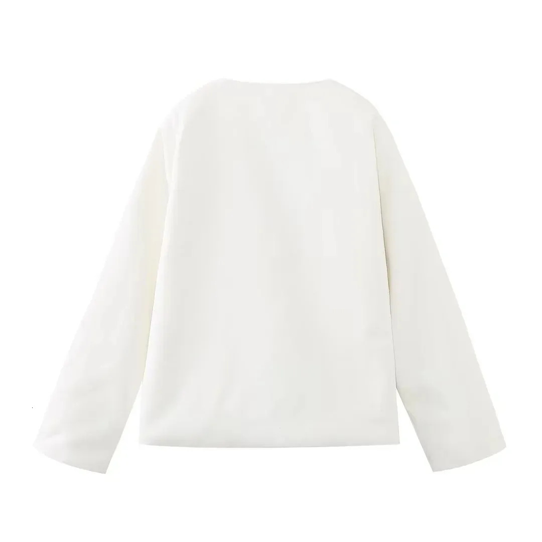 Women's Jackets TRAF White Cropped Jacket For Women Long Sleeve Cardigan Tweed Jacket Woman Fashion Autumn In Coats Y2K Open Short Coats 231006