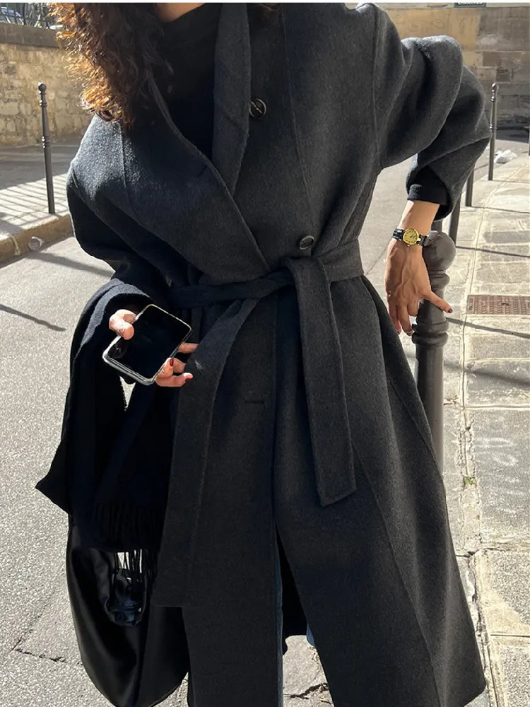 Women's Wool Blends Autumn Winter Long Woolen Jacket for Women Korean Style Solid Color Long Sleeve Overcoat Casual Lace-up Woolen Coat Vintage 2