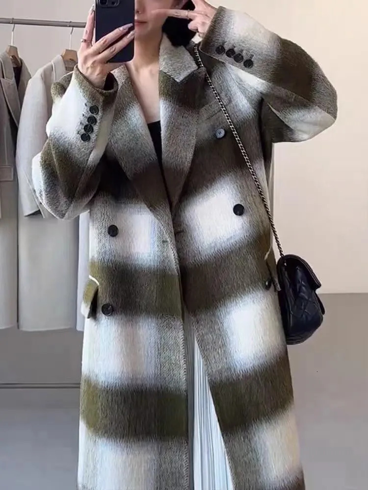 Women's Wool Blends UCXQ vintage contrast color black white plaid notched double breasted woolen coats casual loose long sleeve jacket autumn 231