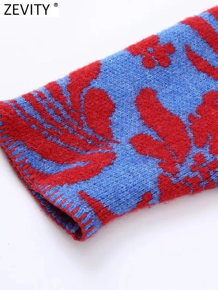 Women's Knits Tees Zevity Women Vintage O Neck Flower Jacquard Knitting Sweater Female Chic Long Sleeve Double Pockets Cardigan Coats Tops CT3000