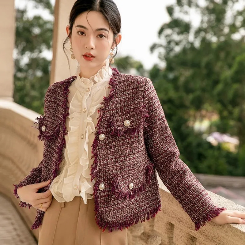 Women's Jackets Women's Autumn Winter Red Short Tweed Coat Jacket Thicken Topcoat Vintage Button Up Outerwears 231006