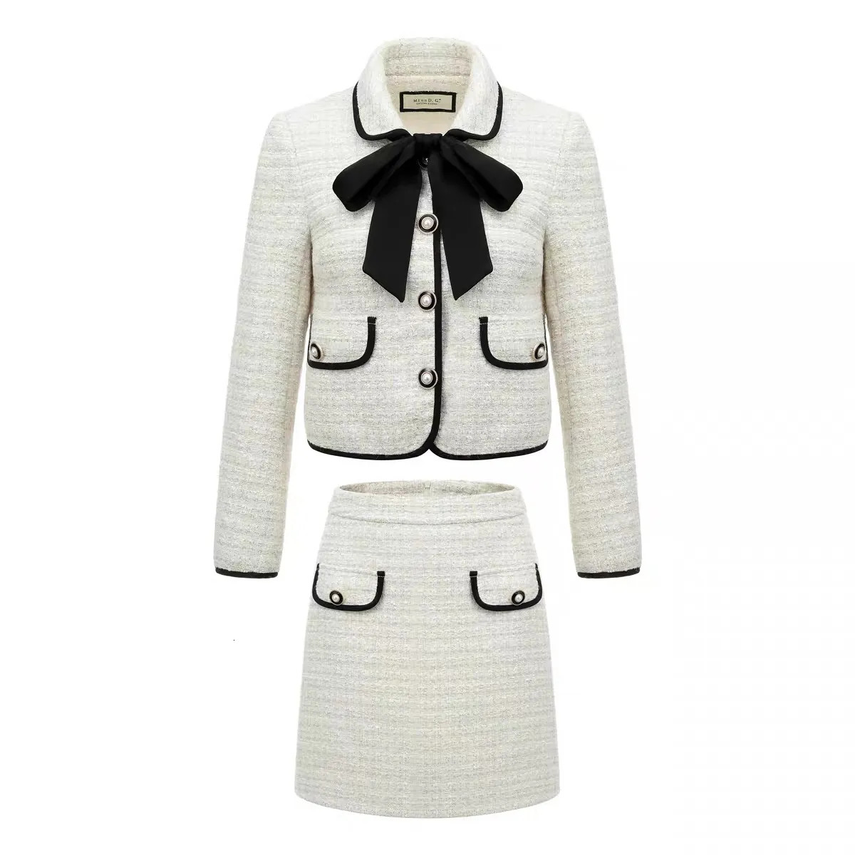Two Piece Dress Women Tweed White Suit Jacket Coat Top And Skirt Elegant Set Matching Outfit Winter Jacquard Fashion Clothing 231005