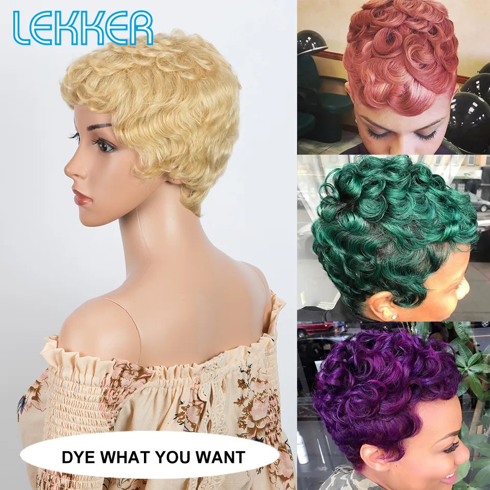 Synthetic Wigs Lekker 613 Blonde Short Pixie Curly Human Hair Wig For Women Finger Waves Bob Brazilian Remy Hair Glueless Colored Blue Wigs 231006