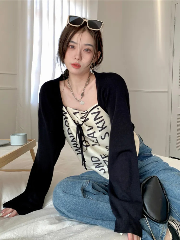 Women's Knits Tees Thin Cardigan Women Summer Sun-proof Slim Cropped Elegant All-match Street Wear Vacation Solid Casual Lace-up Tender Simple In