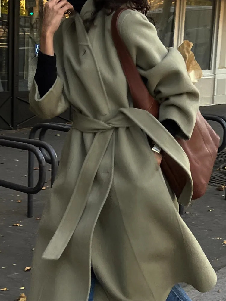 Women's Wool Blends Autumn Winter Long Woolen Jacket for Women Korean Style Solid Color Long Sleeve Overcoat Casual Lace-up Woolen Coat Vintage 2