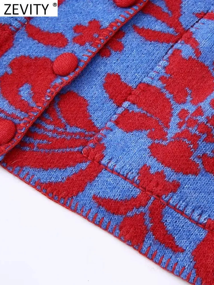 Women's Knits Tees Zevity Women Vintage O Neck Flower Jacquard Knitting Sweater Female Chic Long Sleeve Double Pockets Cardigan Coats Tops CT3000