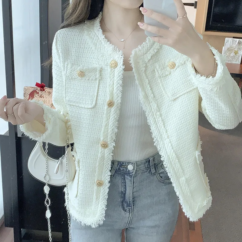Women's Jackets French White Tassel O Neck Cardigan Lady Jacket Female Spring Autumn Winter Gentle Pink Black Casual Women Tweed Short Jacket 231