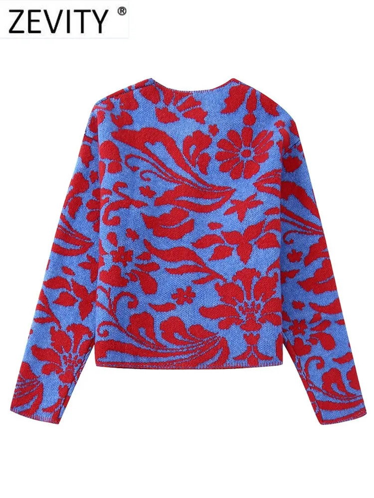 Women's Knits Tees Zevity Women Vintage O Neck Flower Jacquard Knitting Sweater Female Chic Long Sleeve Double Pockets Cardigan Coats Tops CT3000